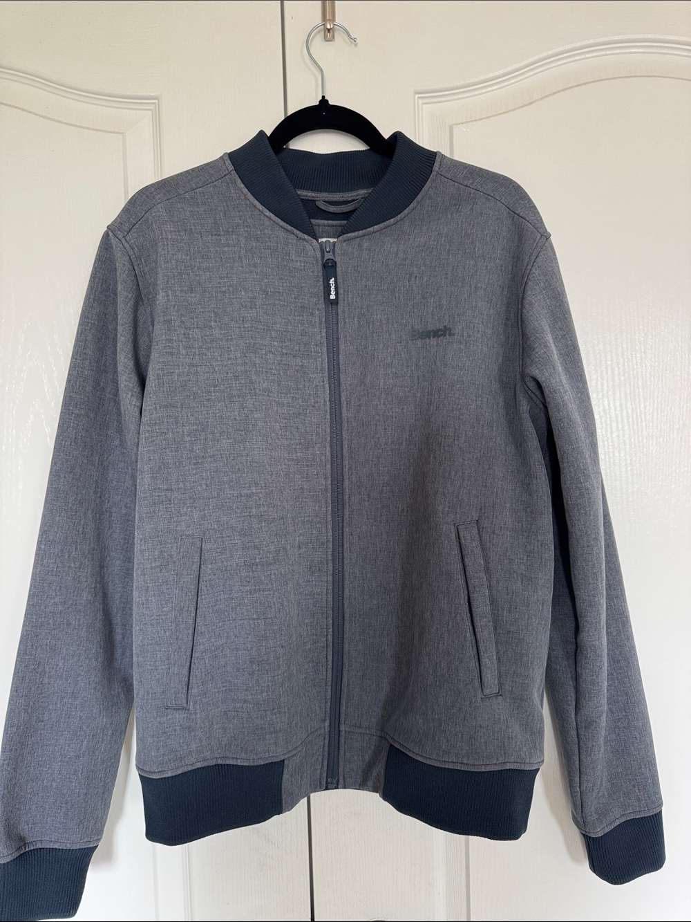 Bench Men's Grey Bomber-style Fall Jacket with Dark Navy Trim Fleeced lined